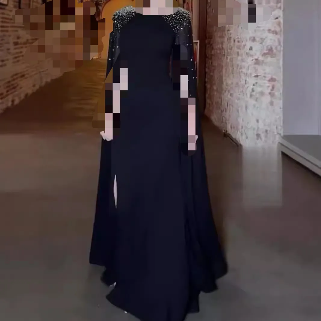 Robe de Soirée Élégante à Manches Cape en Strass pour Femmes Coupe Cintrée Longueur au Sol Robe de Banquet Formelle
