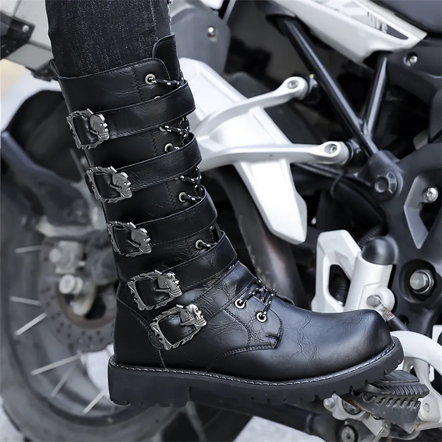 Bottes Cavalier Homme Punk Gothique Boucle Crâne Multi-Sangles Fermeture Éclair Latérale Similicuir Bottes de Motard