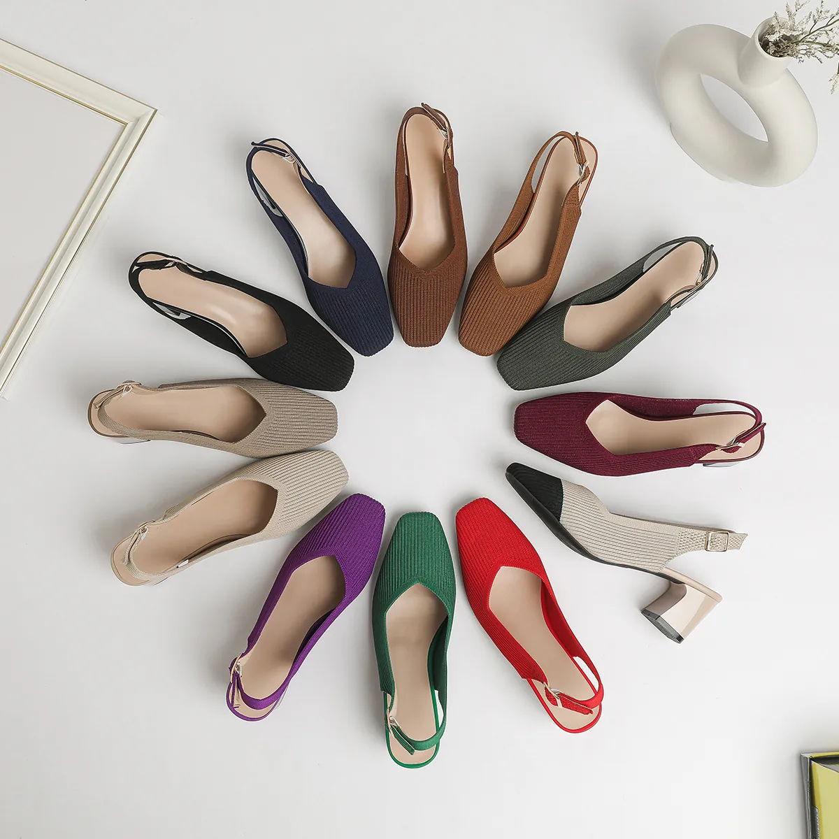 Women Square Toe Slingback Block Heels Breathable Fabric Pumps Solid Color Hollow Sandals Elegant Summer Fashion Shoes
