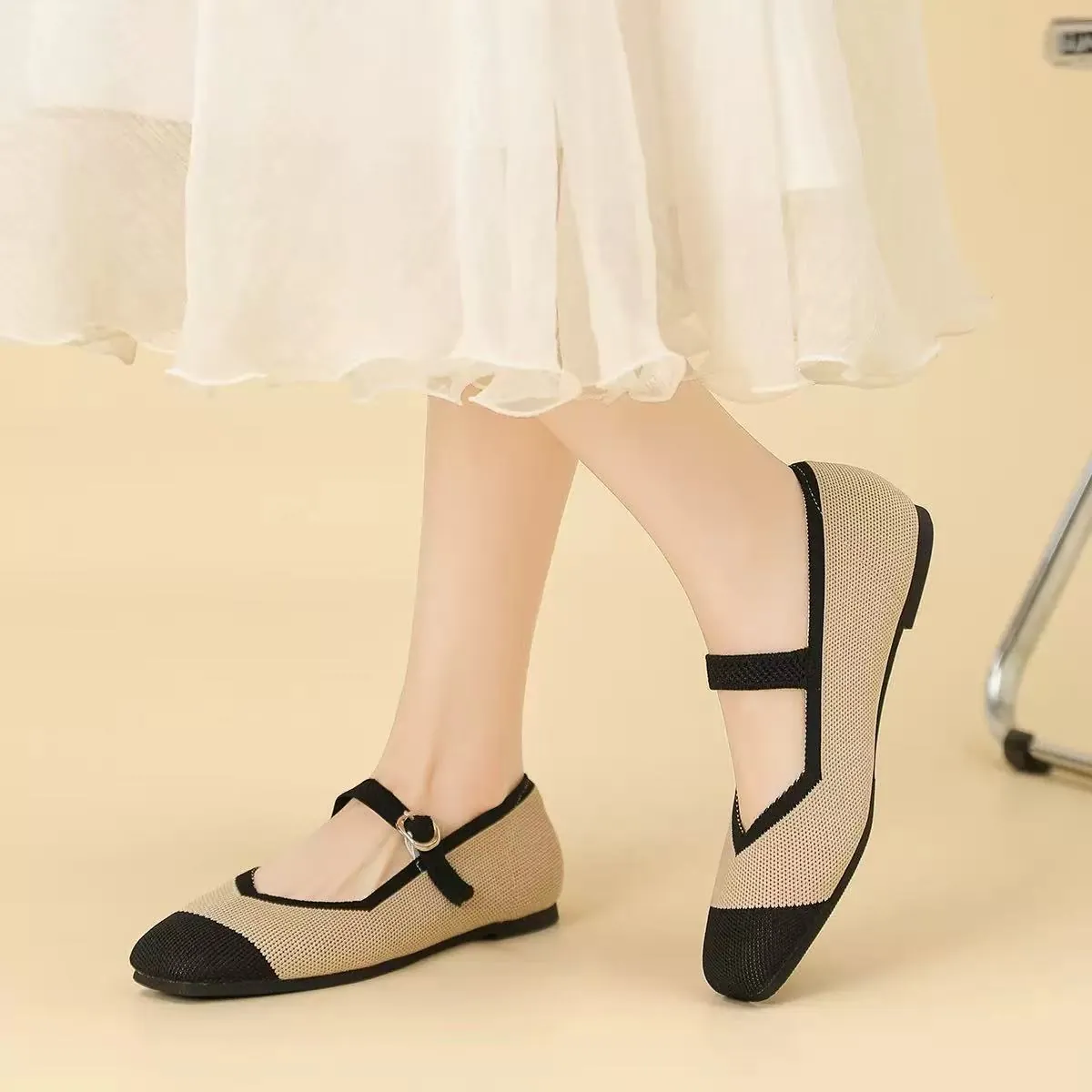 Ballerines Mary Jane Vintage en Maille pour Femmes Bout Rond Rétro Respirant Bride à Boucle Carrée Chaussures Plates Décontractées