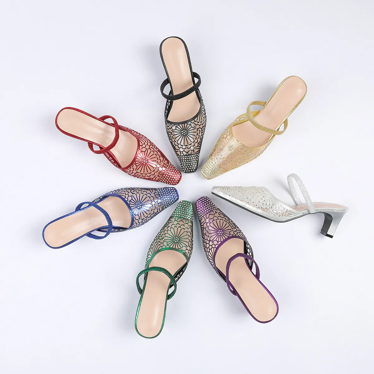 Women Square Toe Rhinestone Heeled Mules Hollow Grid Chunky Heel Half Slipper Sandals Elegant PVC Dress Shoes For Wedding Party Ladies