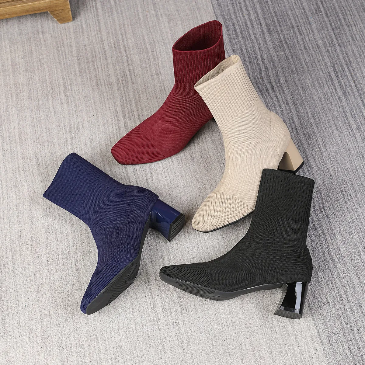 Damen Strick Stretch Stiefeletten Quadratische Zehe Blockabsatz Sockenstiefel Atmungsaktiv Modische Kurze Stiefel