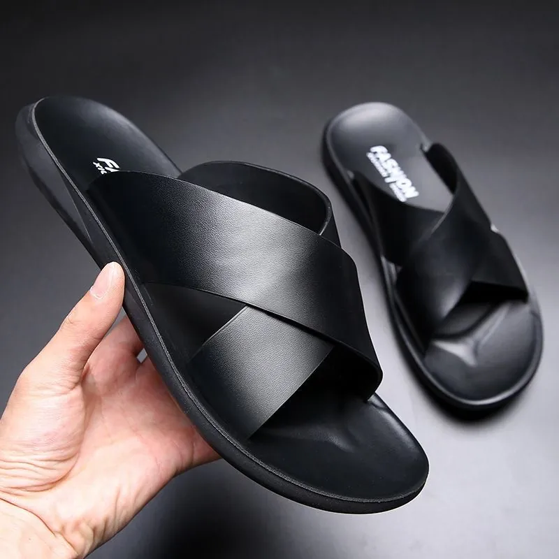 Chanclas Casuales de Exterior para Hombre Sandalias Antideslizantes con Tiras Cruzadas Transpirables Zapatillas de Cuero de Microfibra Suave Zapatos de Playa Verano