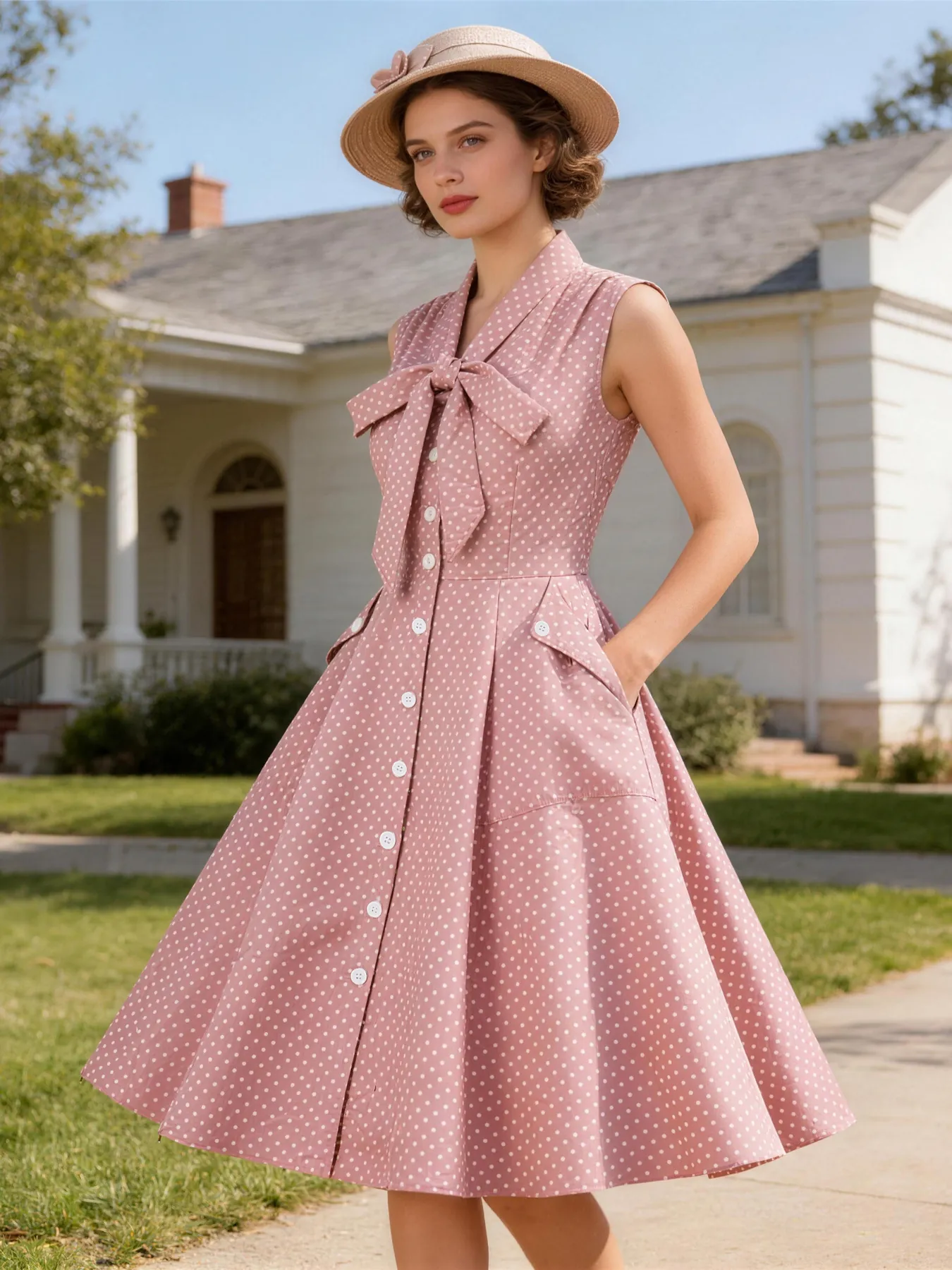 Robe Midi Vintage à Pois pour Femmes Col en V à Nœud Sans Manches Boutonnage Simple Ligne A Rétro Élégante Robe Décontractée d'Été avec Poches