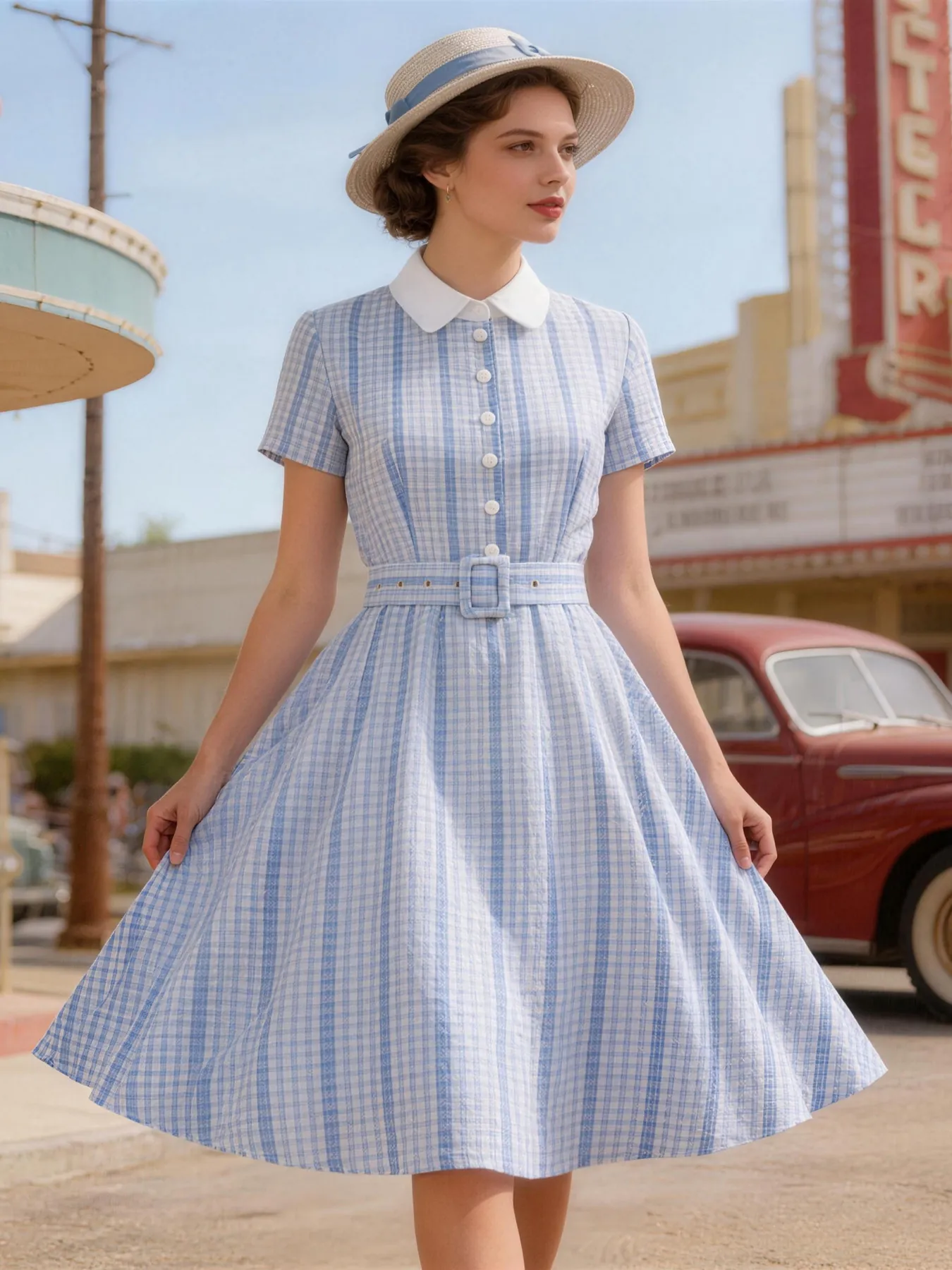 Women Vintage Gingham Swing Dress Contrast Shirt Collar Short Sleeve High Waist Plaid Midi Dress With Belt For Party