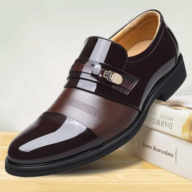 Men's Formal Business Dress Shoes Slip-on Patent Leather Textured Patchwork Shoes With Metal Buckle Rubber Sole Office Shoes
