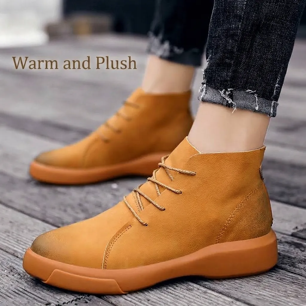 Men Genuine Second Layer Cowhide High Top Work Boots Outdoor Leisure Winter Fleece Lined Lace Up Casual Leather Shoes