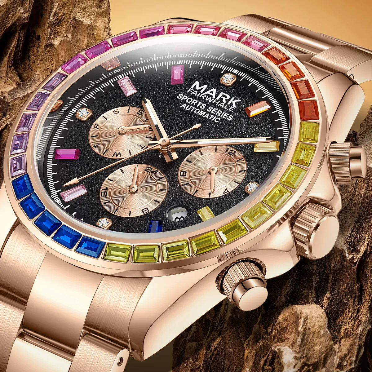 Men's Automatic Mechanical Watch Rainbow Bezel Stainless Steel Alloy Rhinestone Inlaid Waterproof Luminous Luxury Sporty Wristwatch
