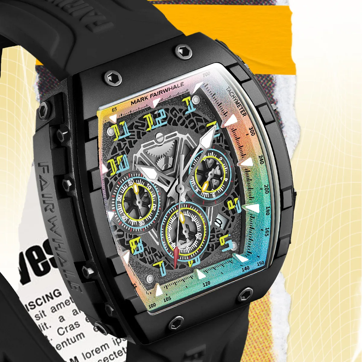 Mark Fairwhale Men Multifunctional Quartz Watch Fashion Tonneau Plastic Case Rubber Strap Luminous Waterproof Sport Wristwatch