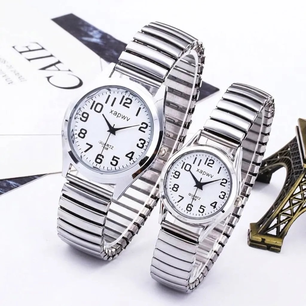 Couple Quartz Watch Set Elastic Expansion Stainless Steel Band Simple Arabic Numerals Casual Minimalist Round Dial Watch Pair