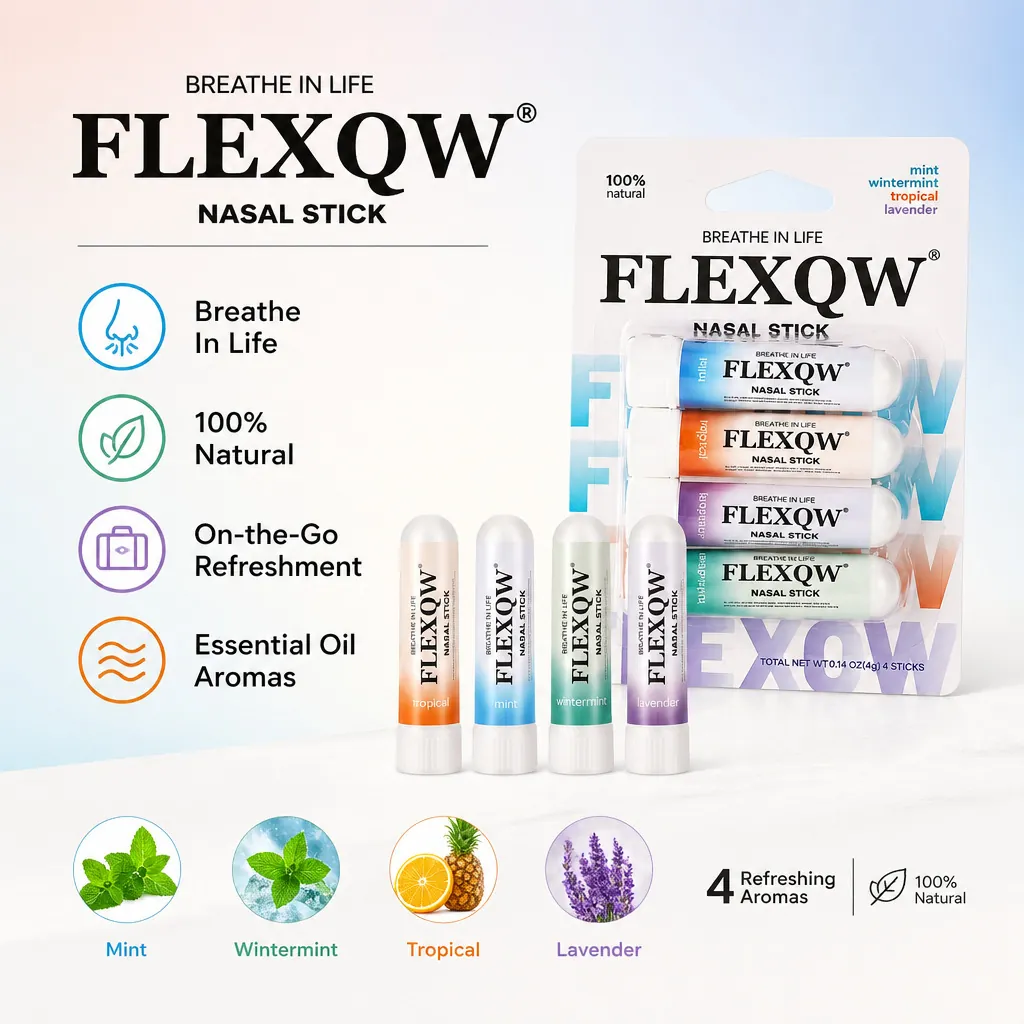 FLEXQW Natural Essential Oil Nasal Inhaler Stick Refreshing Mint Lavender Portable Aromatherapy Nasal Stick For Stress Relief Focus