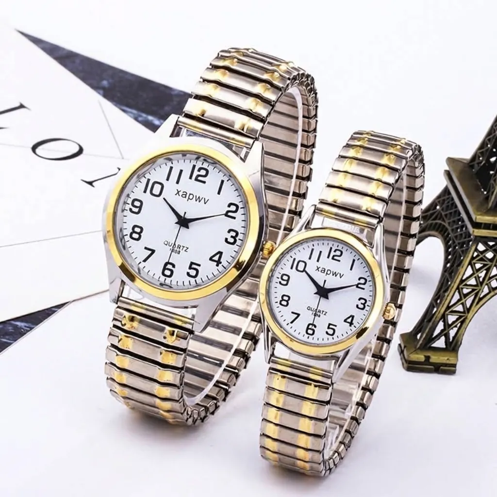 Montre à Quartz Décontractée avec Bracelet Élastique en Acier Inoxydable Cadran à Gros Chiffres Arabes pour Personnes Âgées