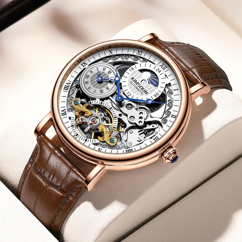 KIMSDUN Luxury Men Automatic Mechanical Watch Skeleton Dial Moon Phase Leather Strap Business Waterproof Wristwatch K-2028A