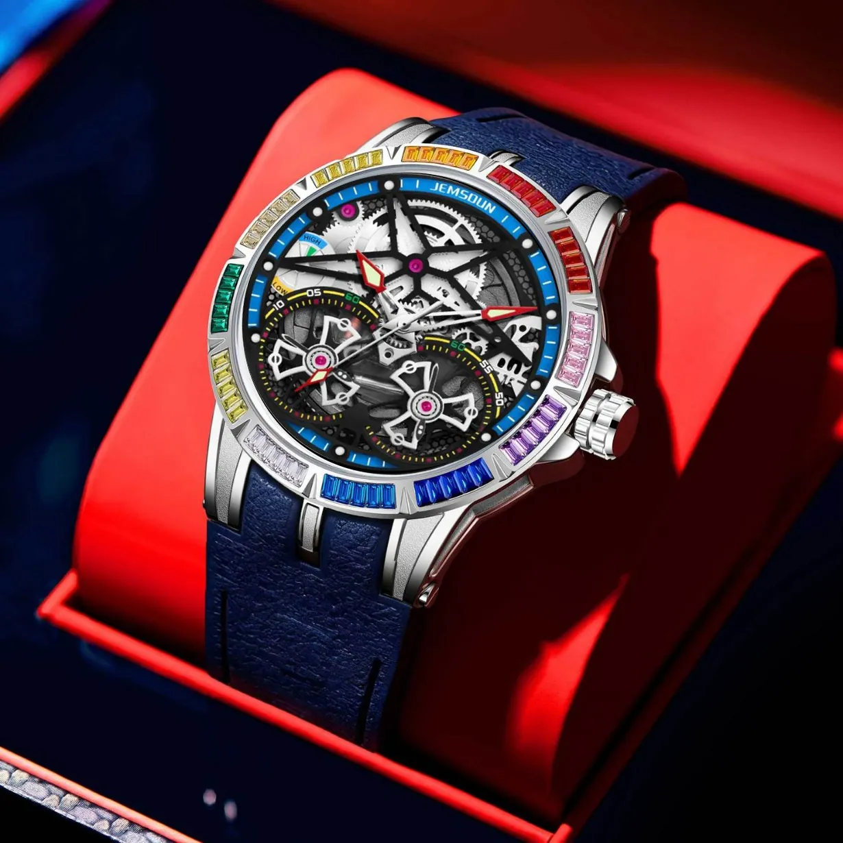 Montre de Sport pour Hommes Lunette en Strass Arc-en-ciel Cadran Squelette Lumineux Étanche à Quartz Bracelet en Silicone et Alliage