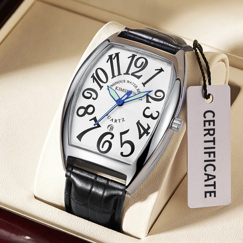 Reloj de Cuarzo Tonneau Retro para Hombre Manecillas Luminosas Calendario Reloj de Pulsera de Negocios con Correa de Cuero Casual