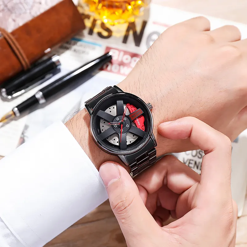 Creative Car Wheel Hub Men's Quartz Watch Sporty Fashion Racing Style Black Stainless Steel Band Decorative Wristwatch