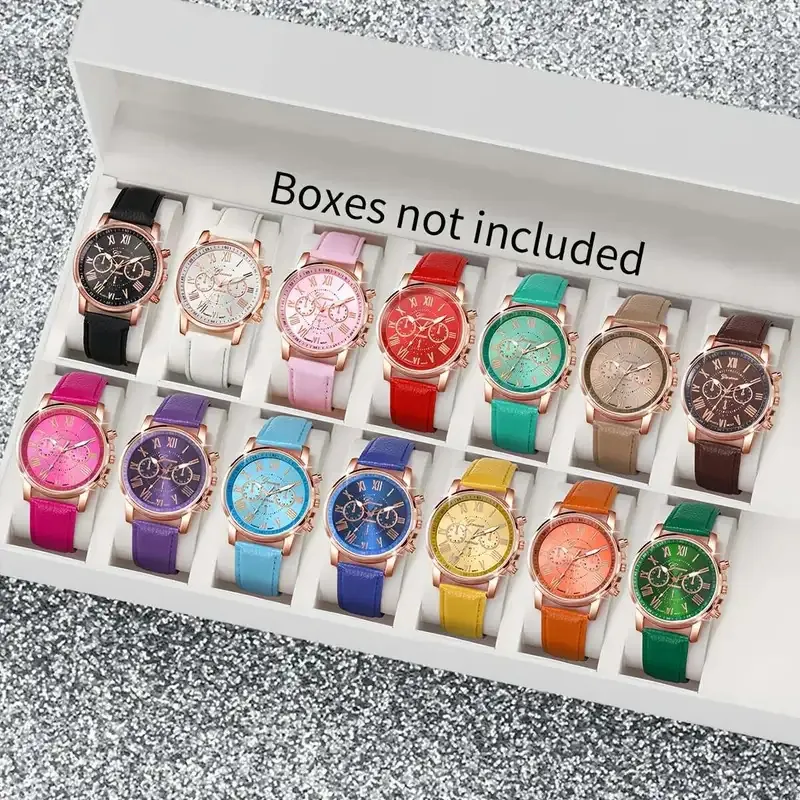 Geneva Fashion Women Quartz Watch Roman Numeral Scale PU Leather Strap Ladies Casual Wristwatch Rose Gold Case Analog Dress Watch