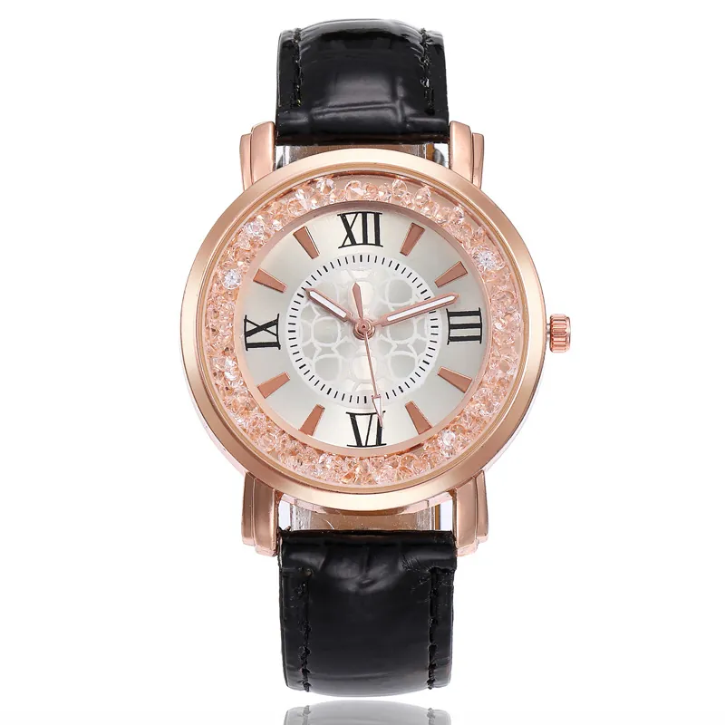 Women Fashion Quartz Watch Rhinestone Bezel Roman Numerals Crocodile Pattern PU Leather Strap Rose Gold Casual Wristwatch Gift