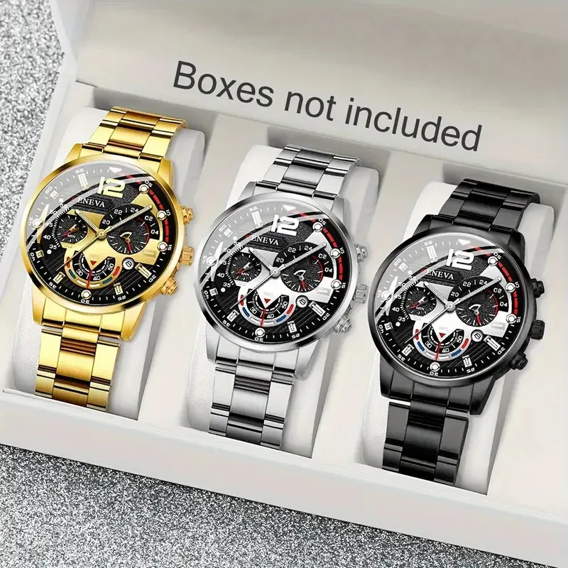 Men Business Sport Quartz Watch Stainless Steel Band Luminous Pointer Big Number 12 Calendar Luminous Analog Wristwatch