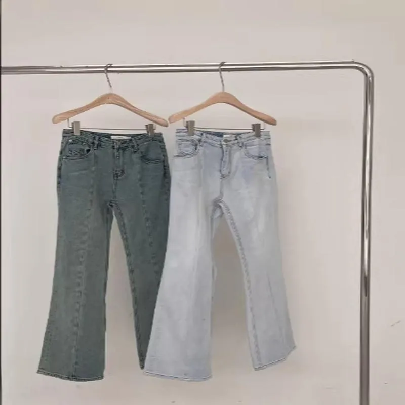 Pantaloni Jeans a Zampa Donna Vintage Vita Alta Retro Pantaloni Denim Casual Slim Fit Pantaloni Lunghi Tinta Unita Blu Verde