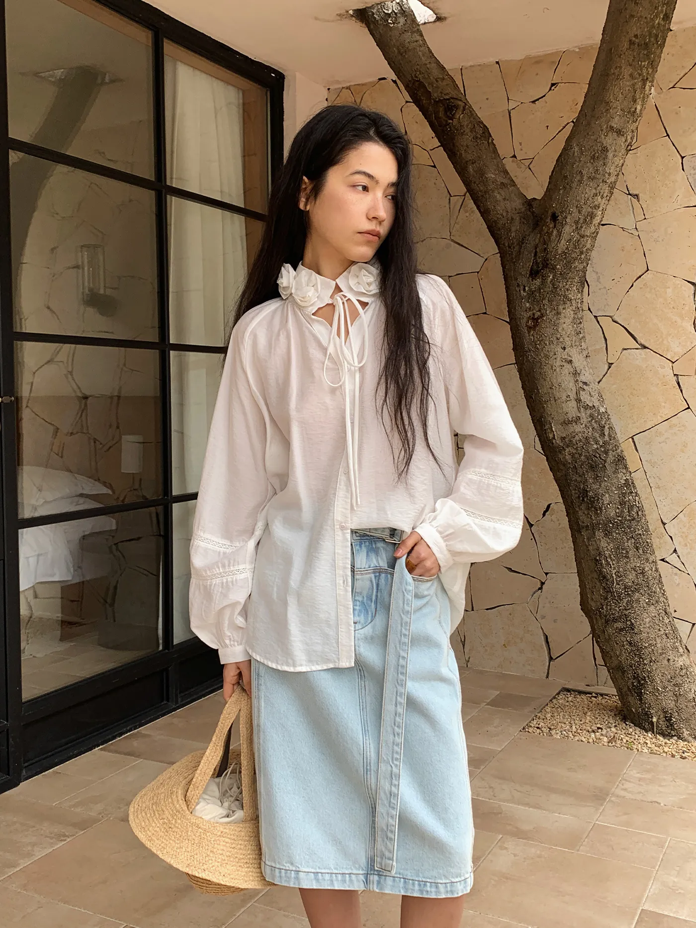 Women's Washed Straight Denim Midi Skirt High Waist Knee Length Cotton Casual Skirt With Belt Light Blue Beige