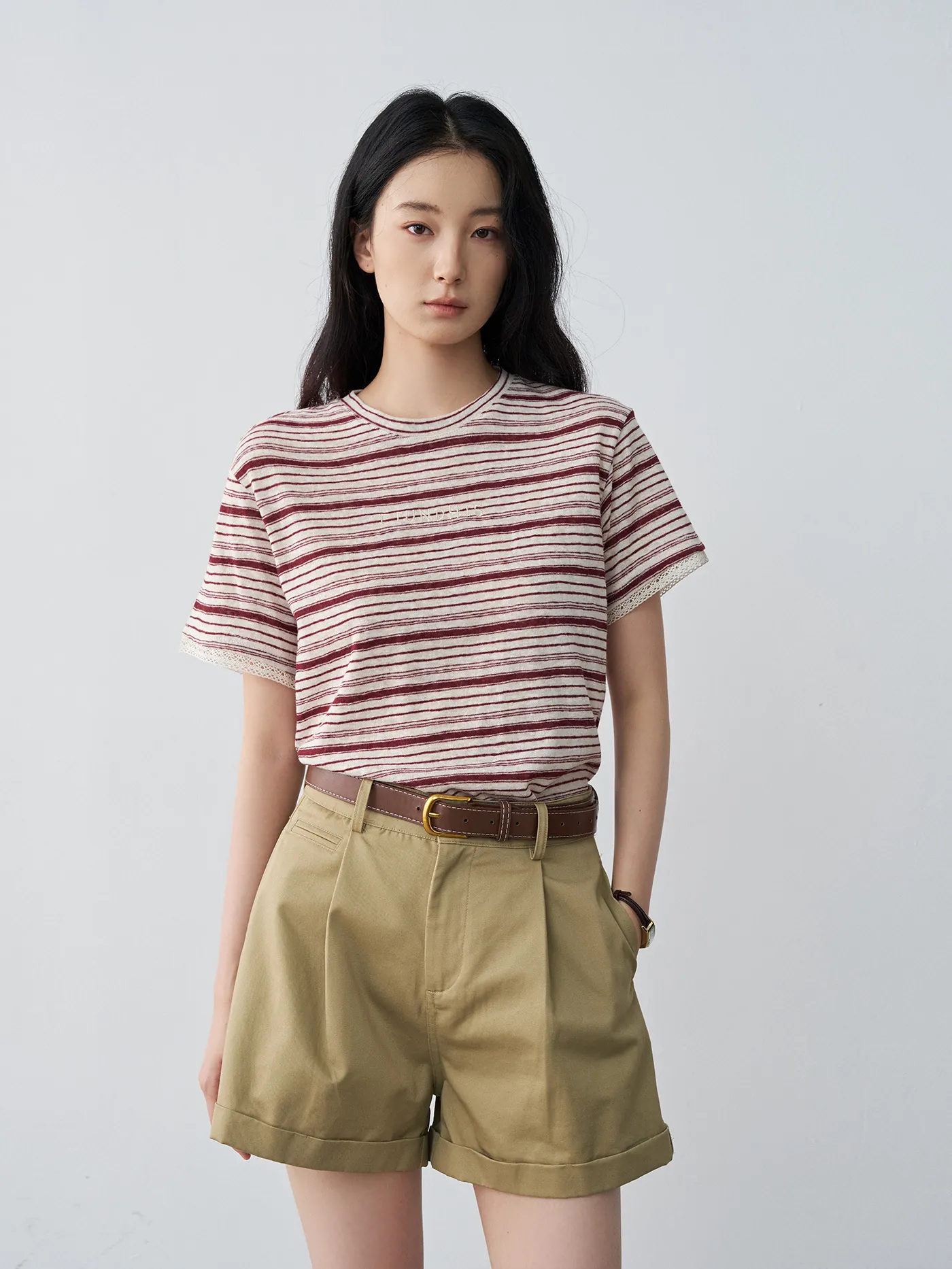 Women Casual Cotton Shorts Summer Pleated Mid Waist Straight Rolled Hem Shorts With Belt Slimming Versatile Bottoms