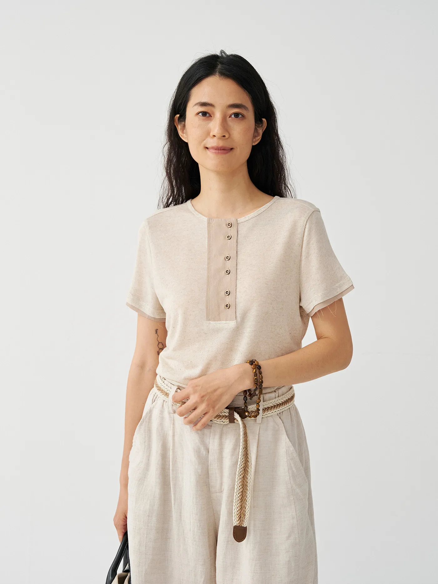Women's Tencel Linen Blend Knit T-Shirt Korean Style Short Sleeve Henley Neck Top Solid Color Striped Summer Casual Tee