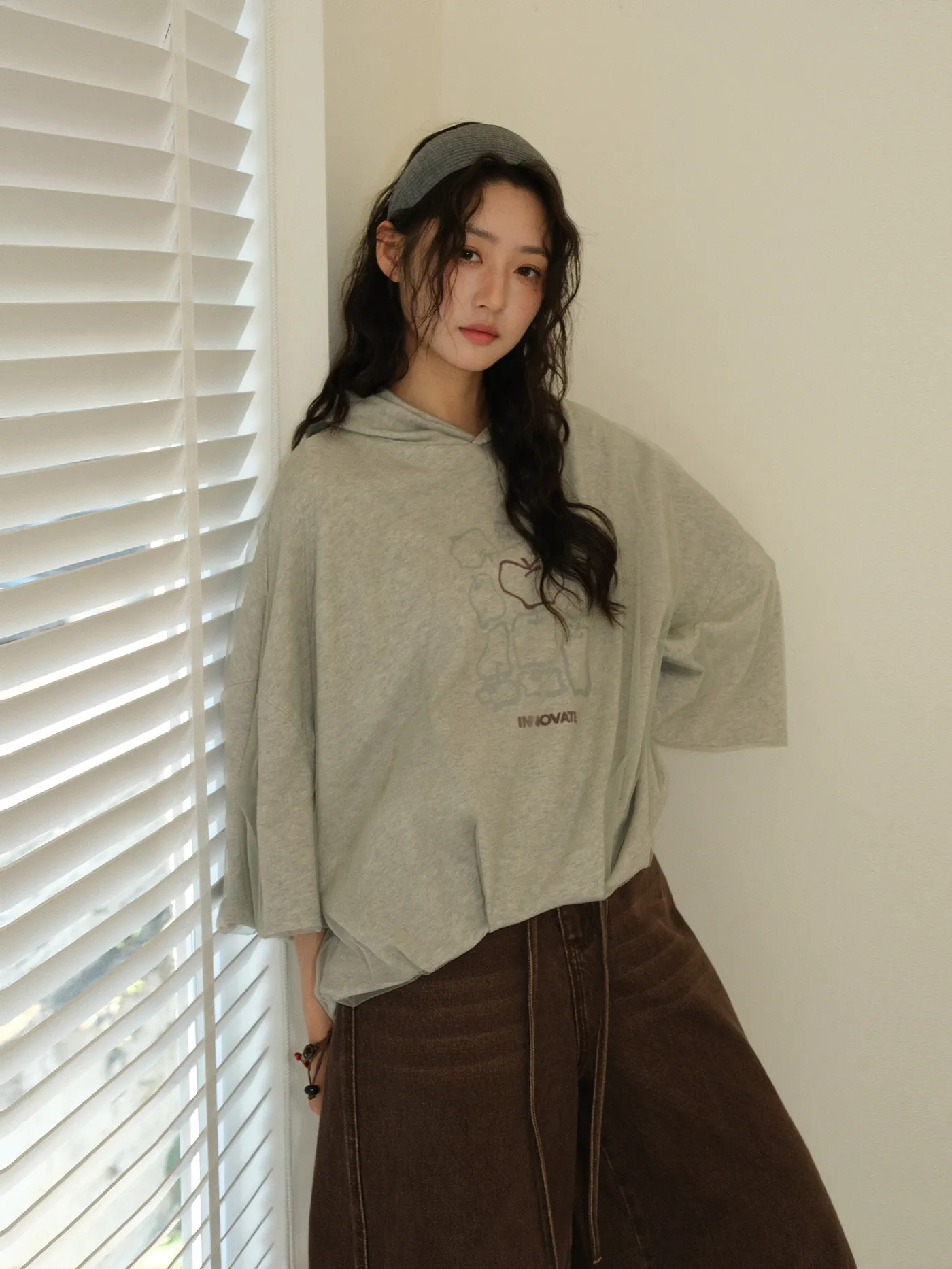 Women's Korean Style Oversized Hooded Sweatshirt Cotton Splicing Apple Print Long Sleeve Top For Casual Daily Wear Spring Autumn