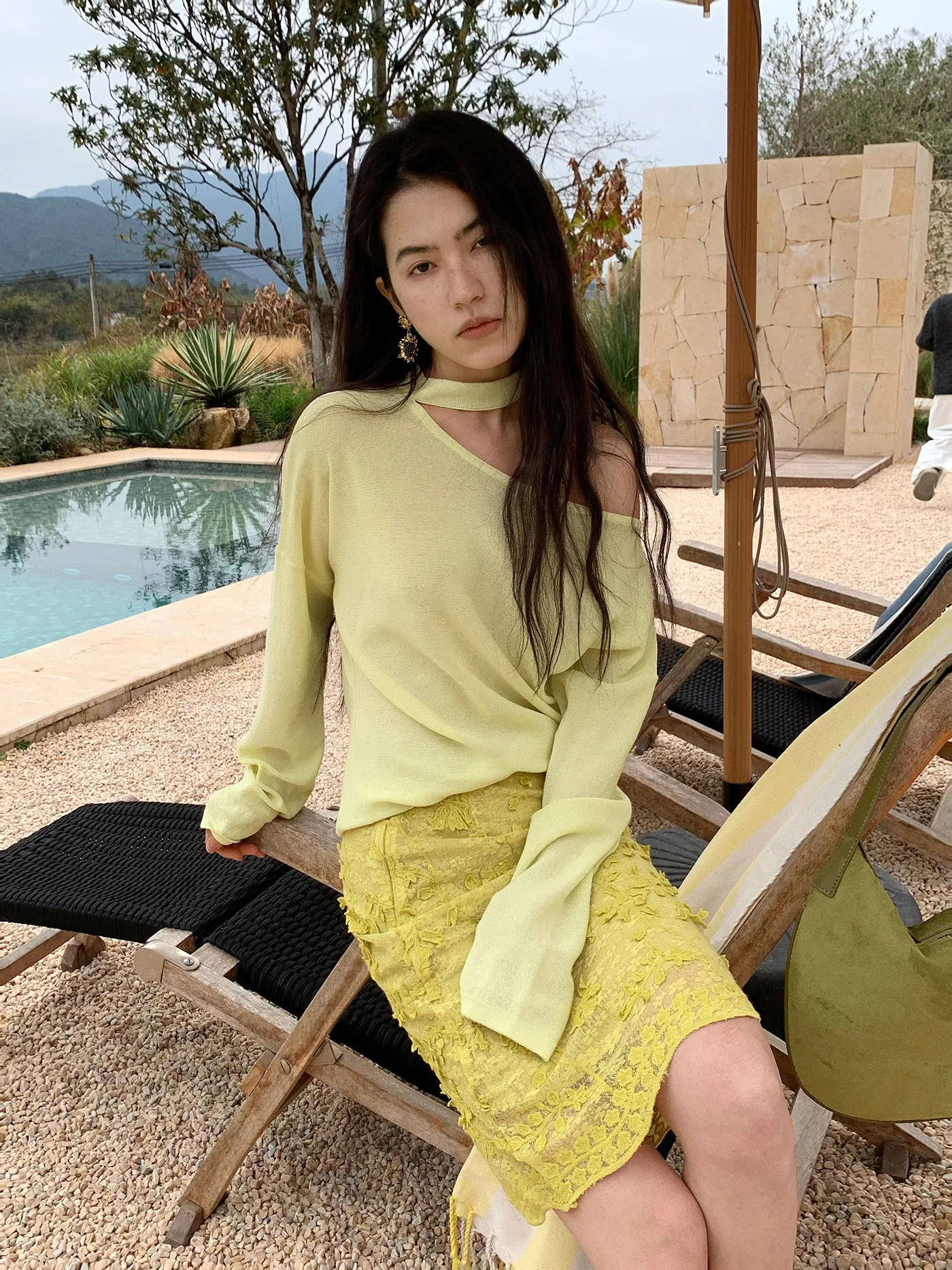 Γυναικείο Πλεκτό Τοπ με Έναν Ώμο και Halter Neck Χαλαρό Μακρυμάνικο Μείγμα Ιαπωνικού Χαρτιού Ραγιόν Μονόχρωμο Κομψό