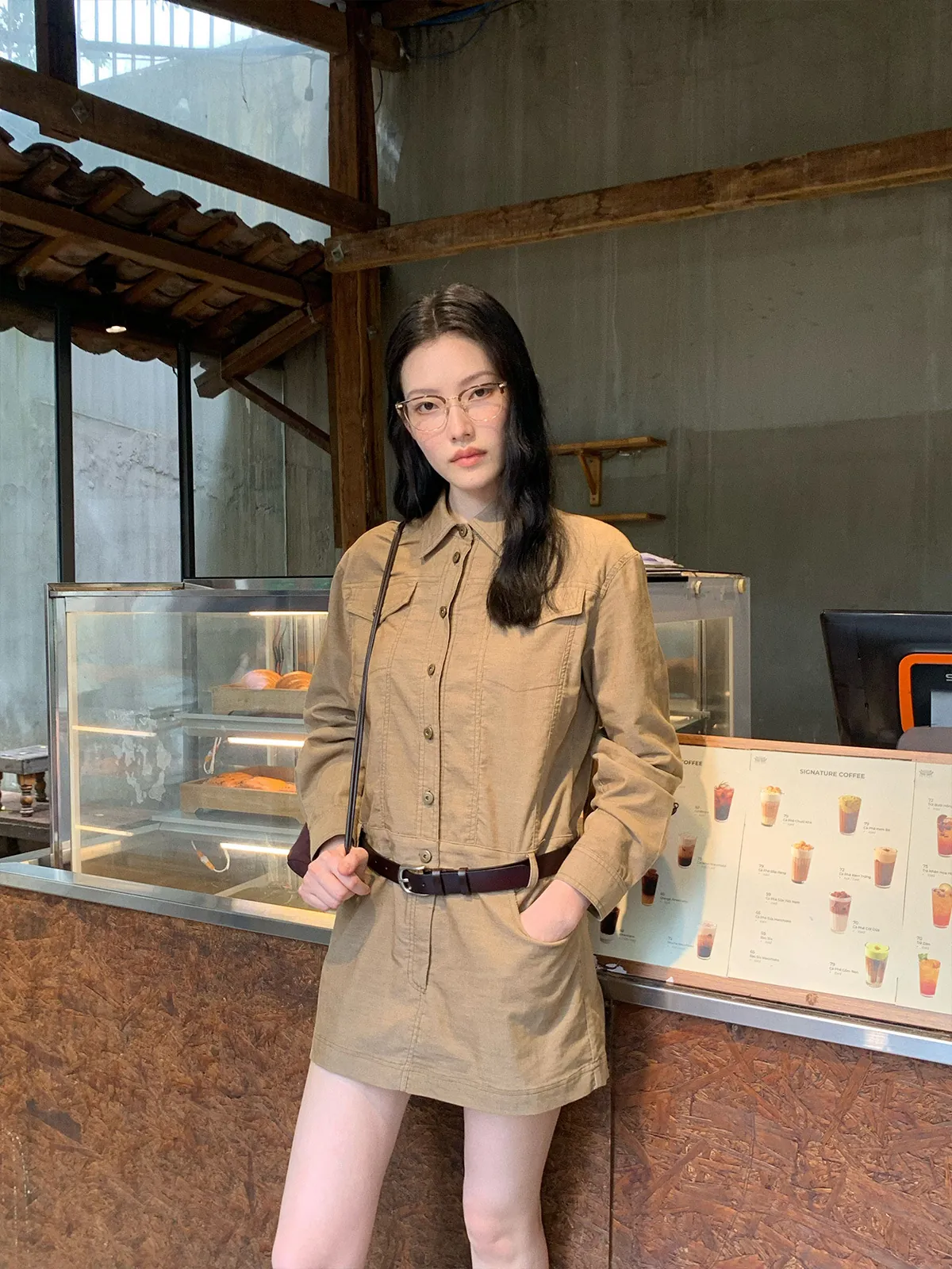 Amerikanisches Retro Revers Hemdkleid Für Damen Mit Gürtel Langarm Khaki Königsblau Workwear Baumwollmischung Mini Kleid