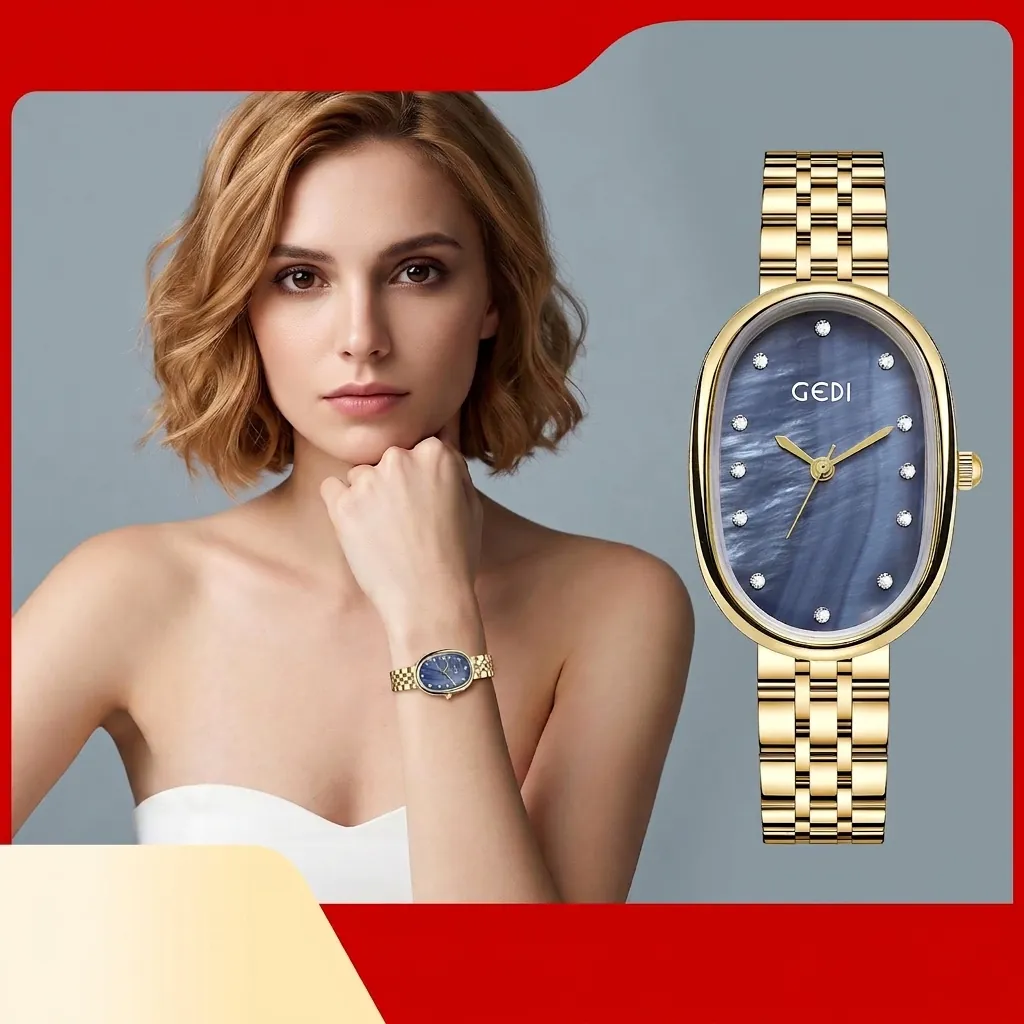 GEDI Montre à Quartz Femme Cadran Ovale en Nacre Bracelet en Acier Inoxydable Strass Luxe Étanche
