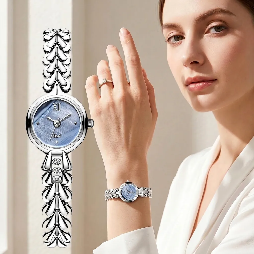Gedi Women Quartz Watch Mother Of Pearl Dial Heart Metal Chain Strap Gold Silver Plated Waterproof Elegant Office Wristwatch