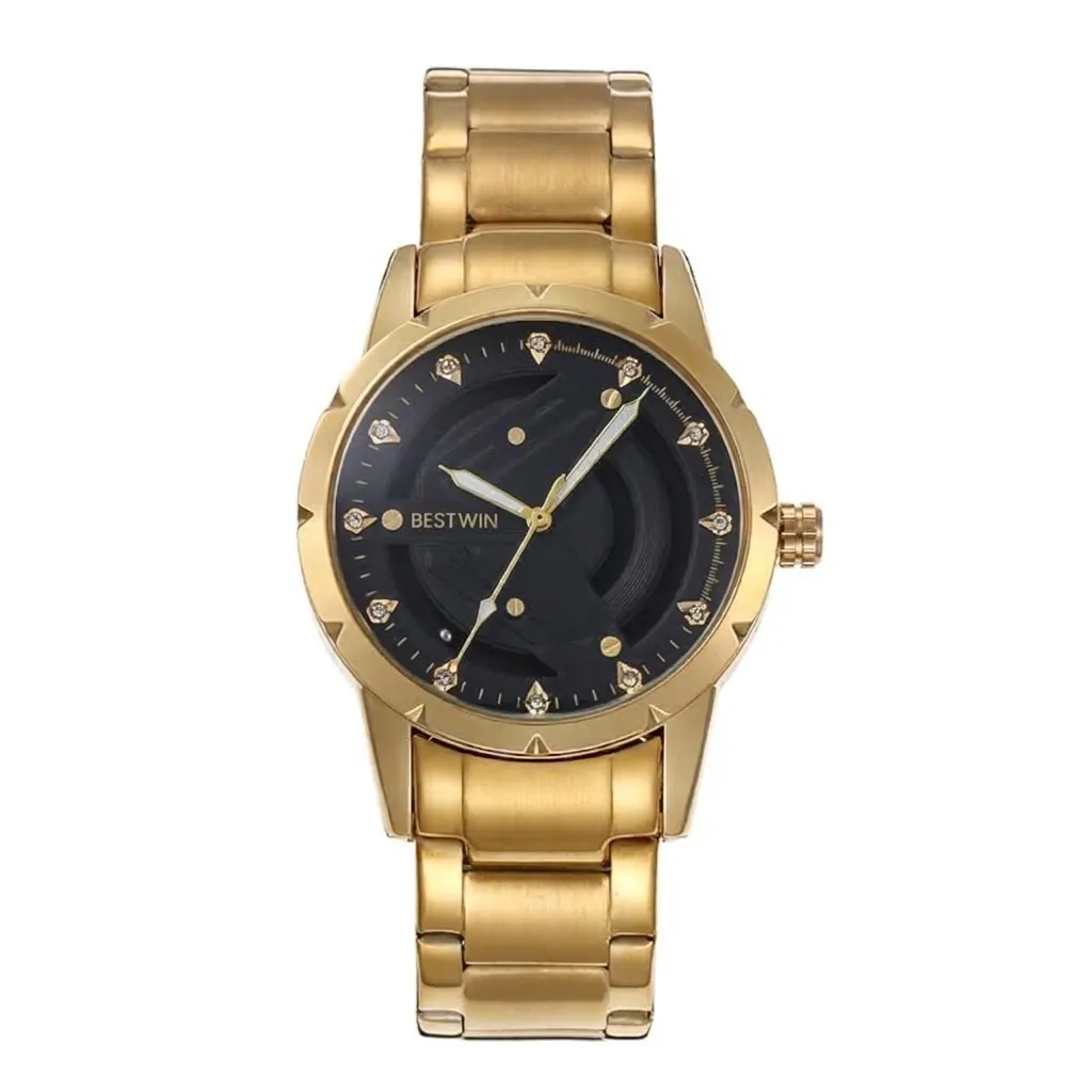 Montre à Quartz pour Hommes Mode Personnalisée Créative à Grand Cadran Rotatif Étanche Alliage Acier Inoxydable Strass