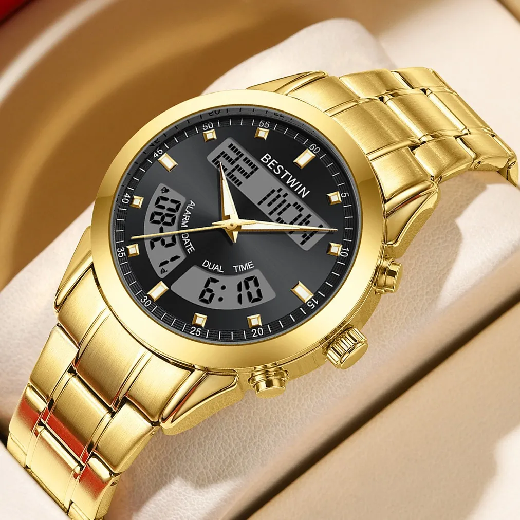 Men Dual Display Wrist Watch Stainless Steel Strap Luminous 30M Waterproof Quartz Electronic Dual Movement Sport Watch