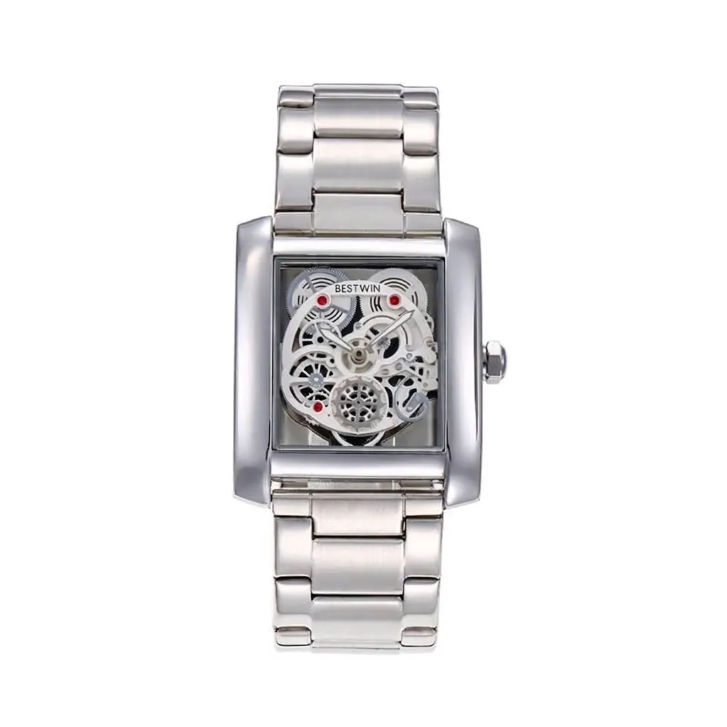 Men's Fashion Square Quartz Watch Hollow Skeleton Dial Stainless Steel Band Waterproof Business Luminous Wristwatch Analog Clock