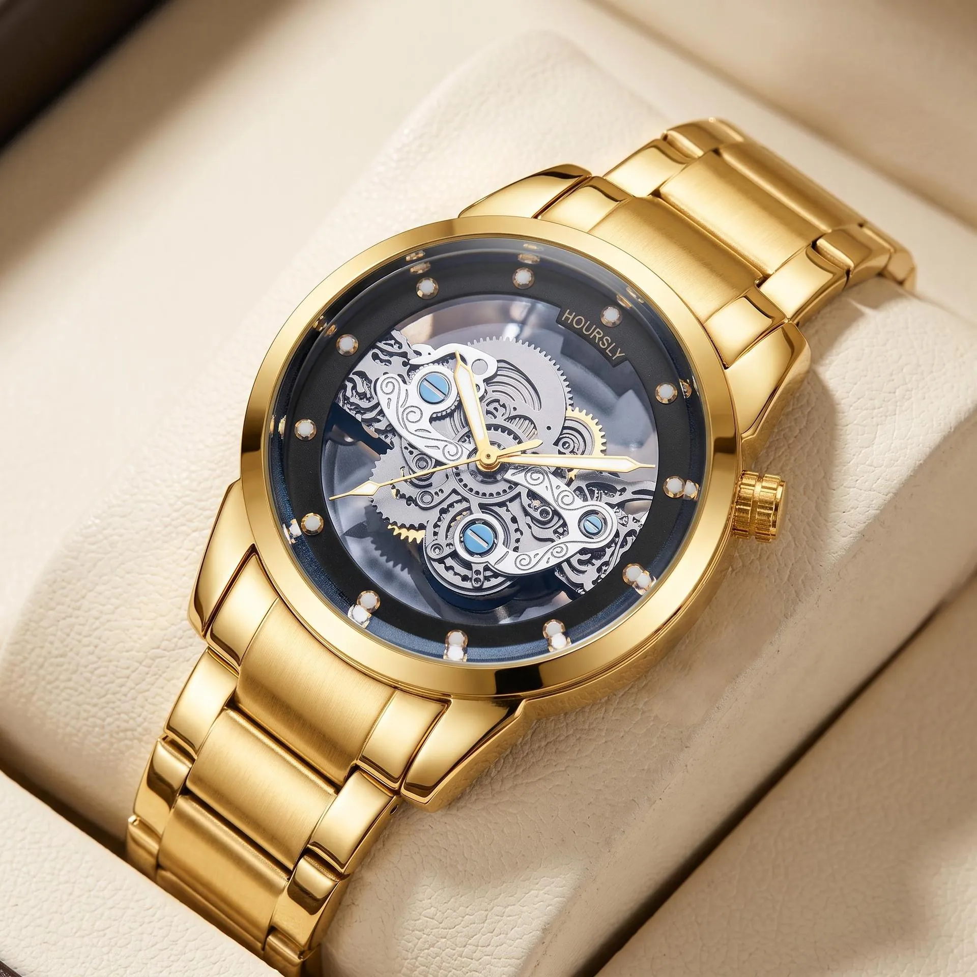 Montre à Quartz Rétro pour Hommes Cadran Squelette Transparent Étanche Bracelet en Acier Inoxydable Montre-Bracelet Analogique Lumineuse
