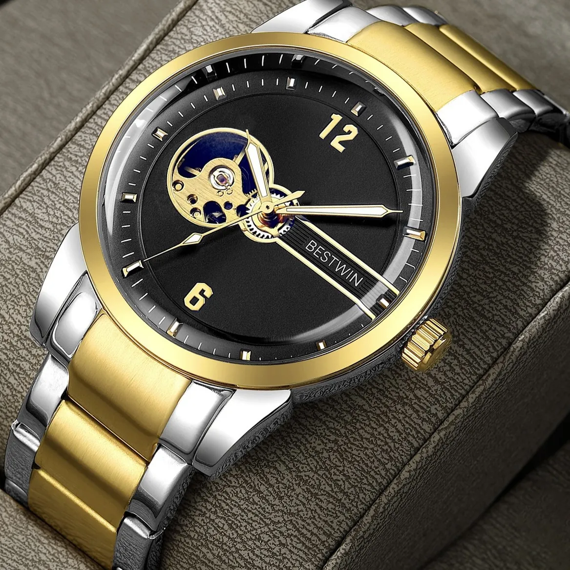 BESTWIN Men Automatic Mechanical Watch Skeleton Tourbillon Luminous Waterproof Stainless Steel Luxury Business Wristwatch