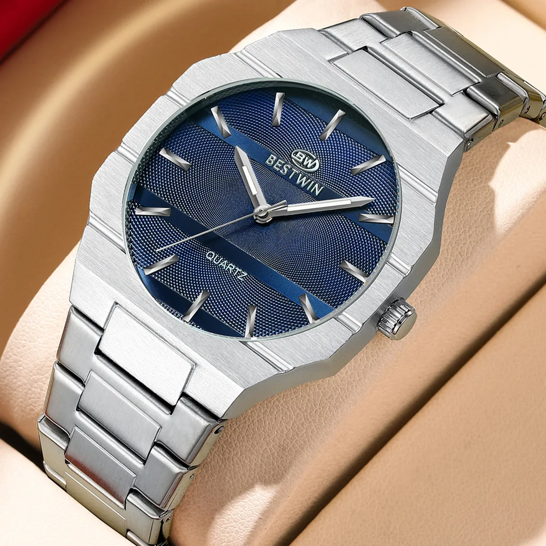 BESTWIN Men's Business Fashion Quartz Watch Octagonal Bezel Stainless Steel Waterproof Luminous Ultra-Thin Male Wristwatch