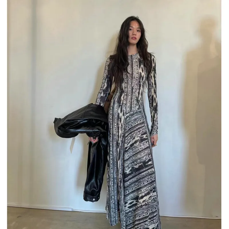 Vestido Maxi Ajustado ENK Designer Estampado Posicionado Mujer Patchwork Patrón Letras Manga Larga Moda Elegante