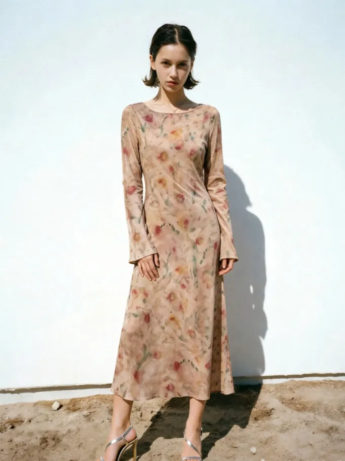 Vestido Maxi de Mujer 100% Seda Elegante Estampado Floral Acuarela Rosa Nube Manga Larga Cuello Redondo Cintura Recta Verano