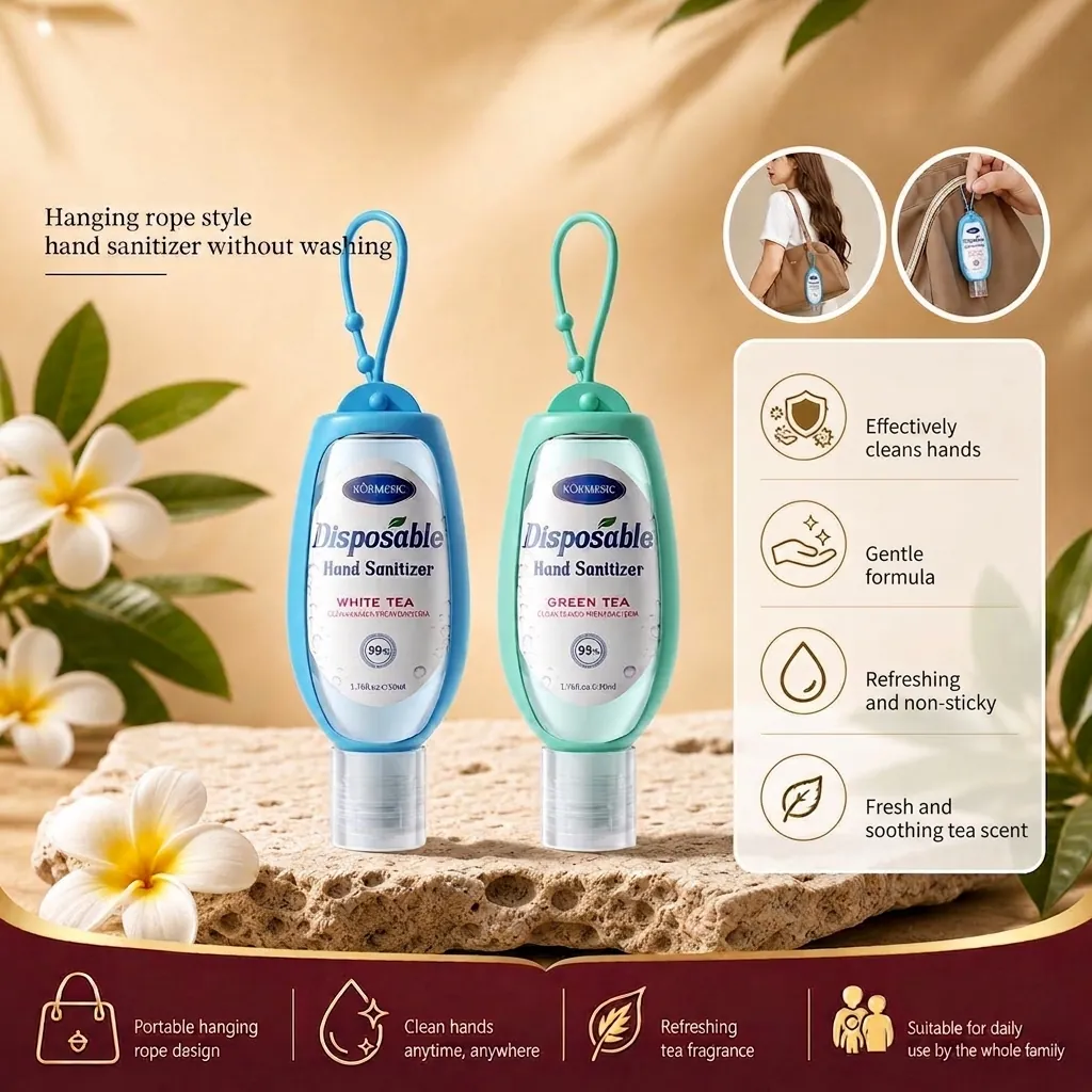 KORMESIC Portable No Rinse Hand Sanitizer Antibacterial Gel With Silicone Case Lanyard White Green Tea Scent Travel Size Disposable Hand Wash For Outdoor School