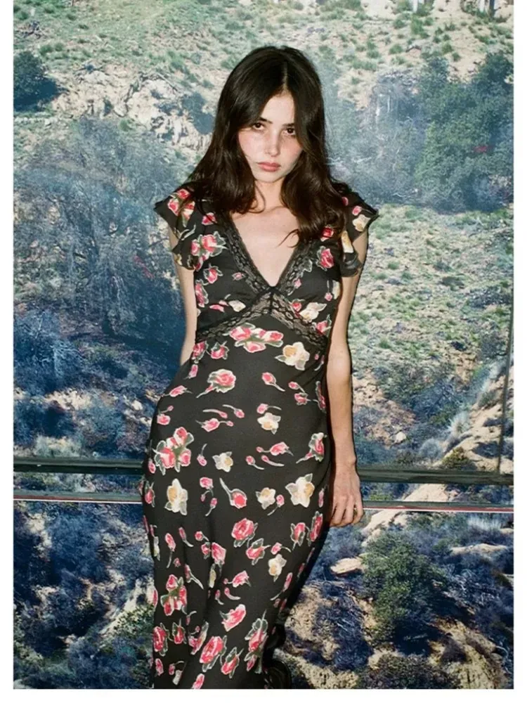 Vestido Midi de Mezcla de Seda Floral para Mujer Cuello en V Encaje Sin Mangas Bodycon Retro Francés Estampado de Rosas Elegante