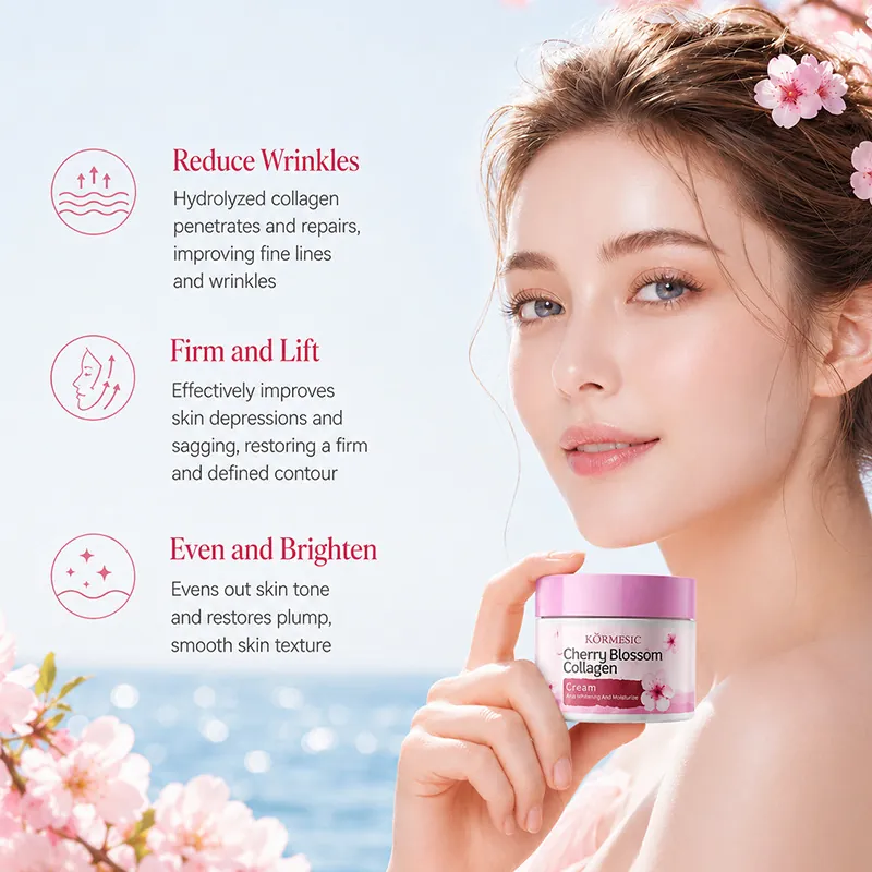 KORMESIC Cherry Blossom Collagen Face Cream Moisturizing Hydrating Brightening Anti Wrinkle Skin Care Set Body Lotion Cleanser