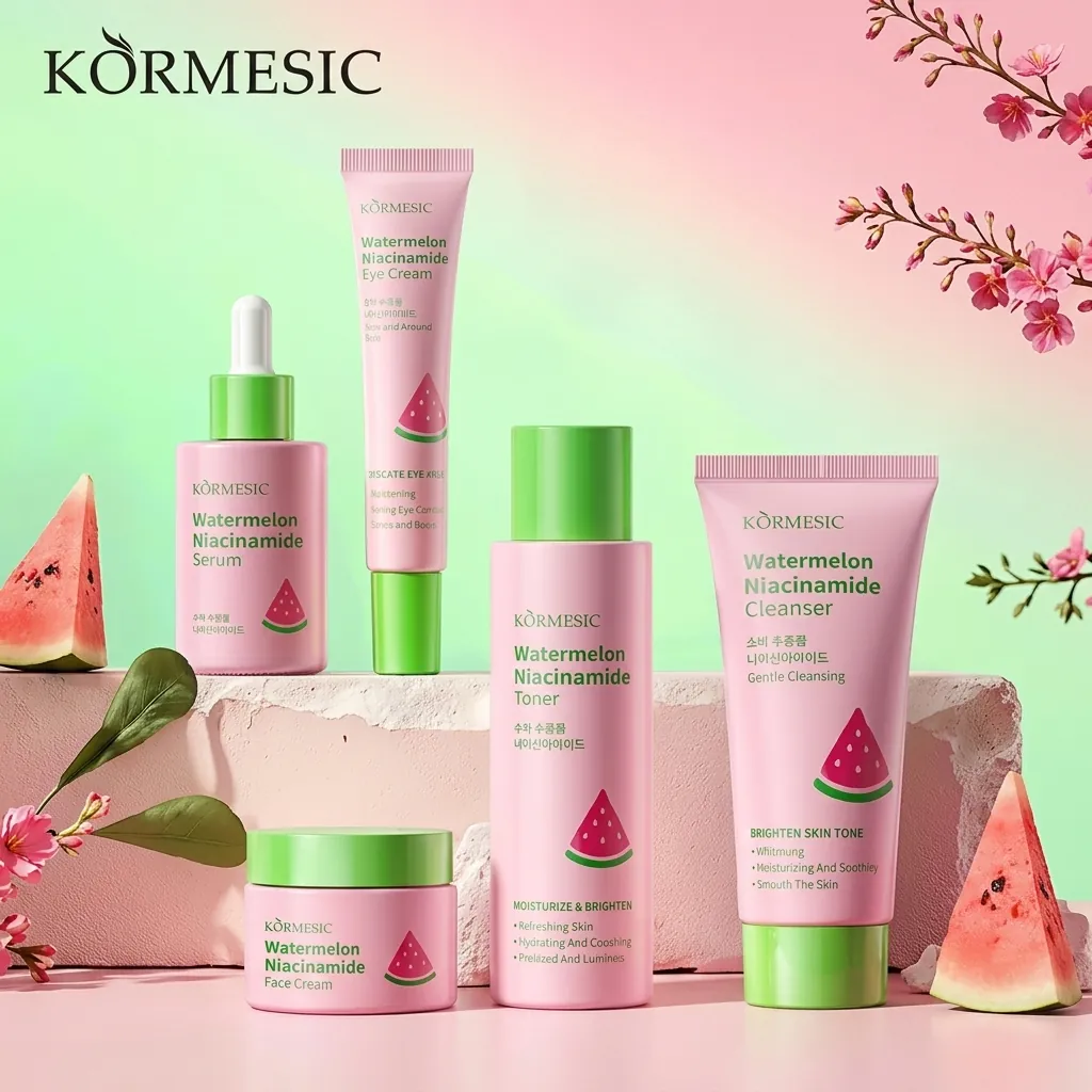 KORMESIC Watermelon Niacinamide Skincare Set For Face Hydrating Brightening Moisturizing Toner Serum Cream Cleanser Eye Cream