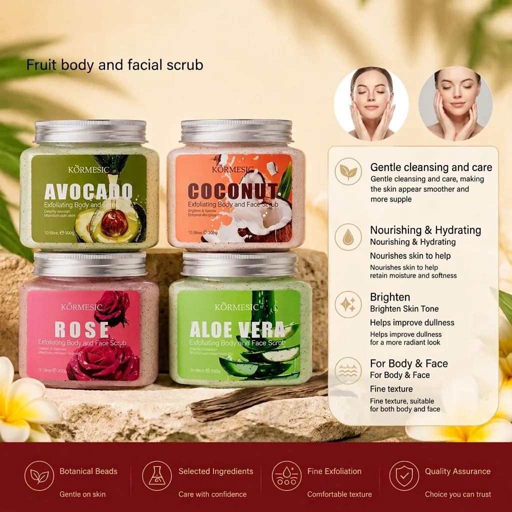 KORMESIC Body And Facial Scrub Exfoliating Moisturizing Avocado Coconut Rose Aloe Vera Scent Skin Care For Unisex