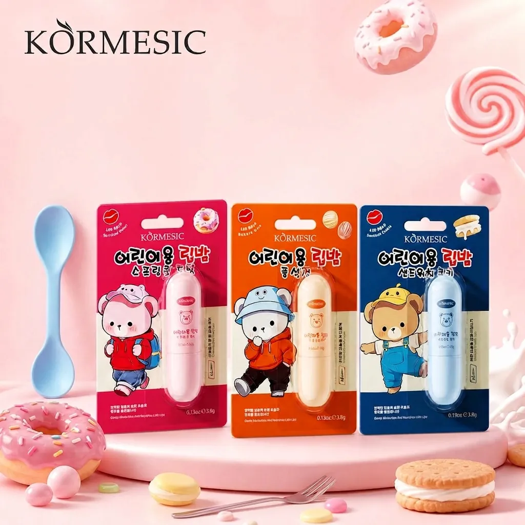 KORMESIC Kids Lip Balm Moisturizing Hydrating Lip Care For Children With Vitamin E Shea Butter Cartoon Bear Design Sweet Scent