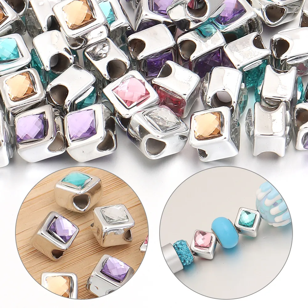 DIY Double Sided Square Heart Resin Gem Large Hole Beads Alloy Base Spacer Beads For Jewelry Making Bracelet Necklace Women