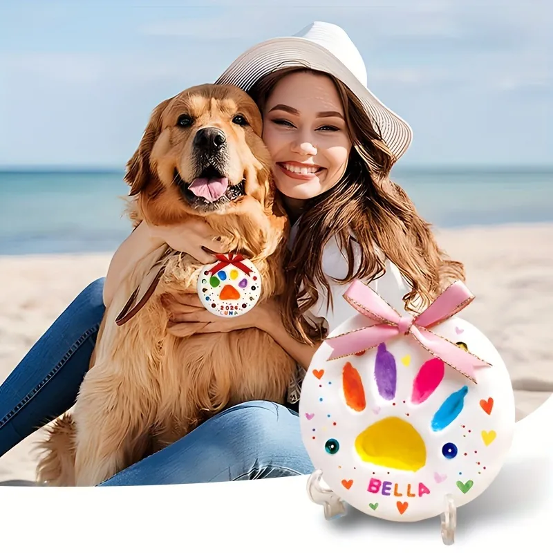 DIY Pet Paw Print Memorial Dogs Cats Baby Handprint Footprint Keepsake With Clay Paint Frame Stand Ribbon Birthday Gift