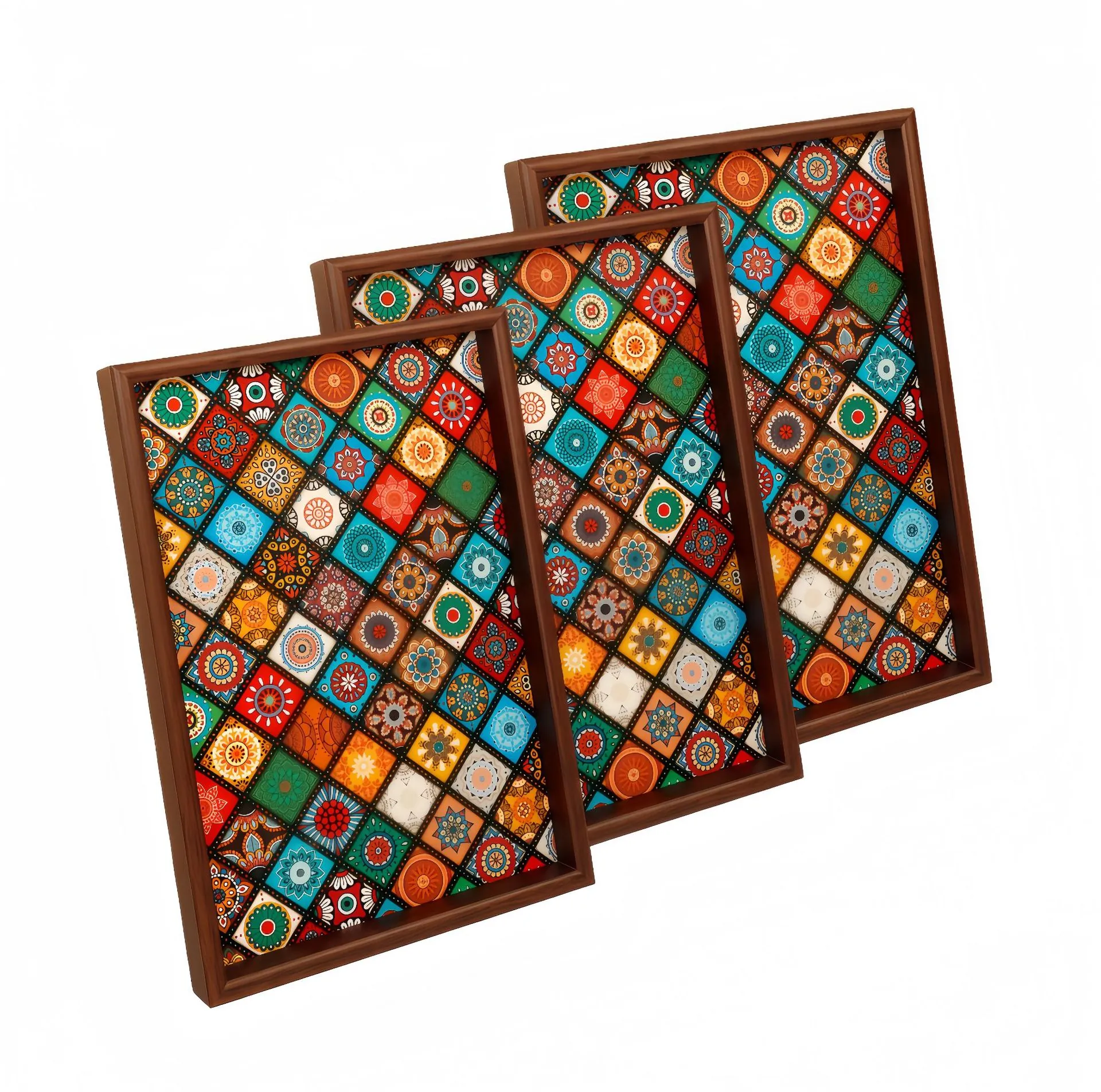 Bohemian Rectangular Wood Storage Tray Mandala Pattern Exotic Desktop Organizer For Living Room Entryway Home Decor Accessories
