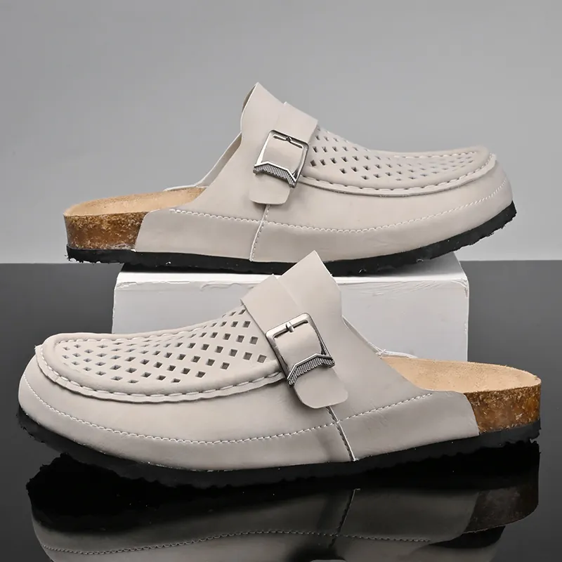 Herren Casual Echtes Leder Sandalen Hohl Atmungsaktiv Mules Schuhe Mit Kork Einlegesohle Gummiboden Sommer Strand Hausschuhe